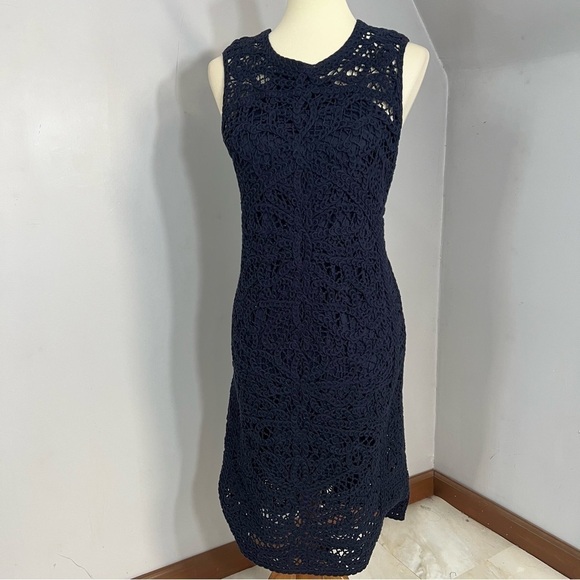 Brooks Brothers Crochet Cotton Midi Dress Preppy Career Business Blue Minimalist - Picture 7 of 13